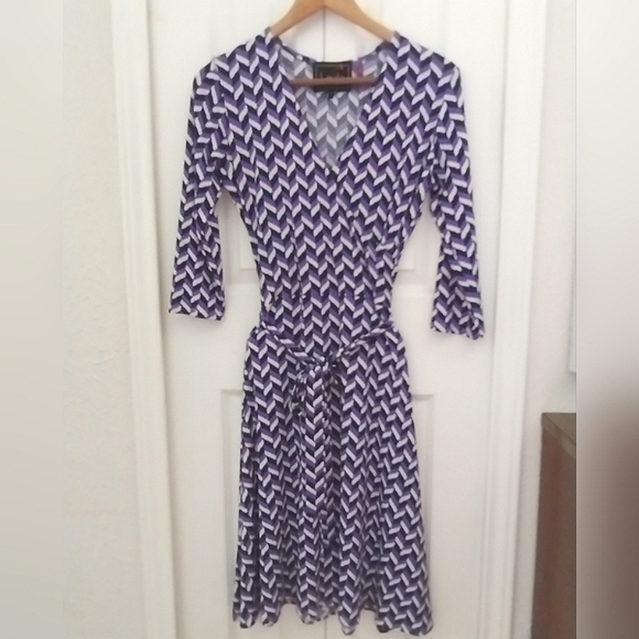 Purple and Navy Herringbone Print Belted Dress - Picture 6 of 16